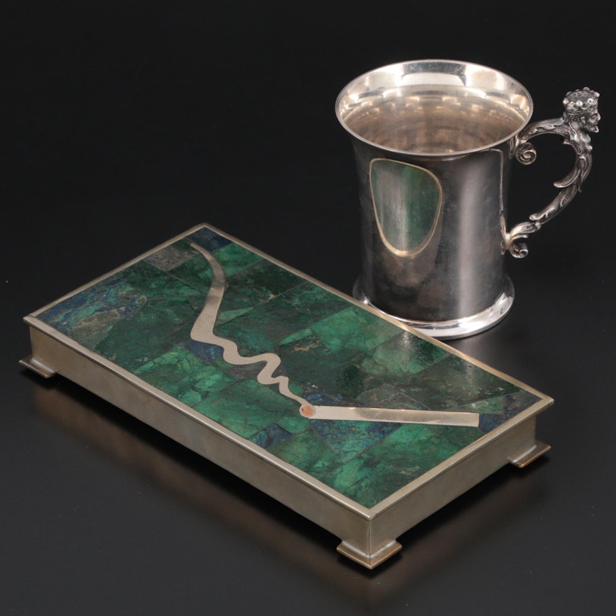 English Silver Plate Cup with Mexican Inlaid Metal Cigarette Box