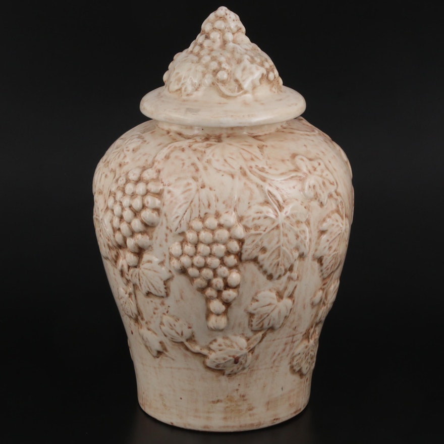 Oriental Accent Grape Vine Motif Ceramic Lidded Jar
