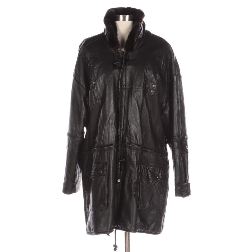 Black Lambskin Drop-Shoulder Zip-Up Jacket with Mink Fur Lining