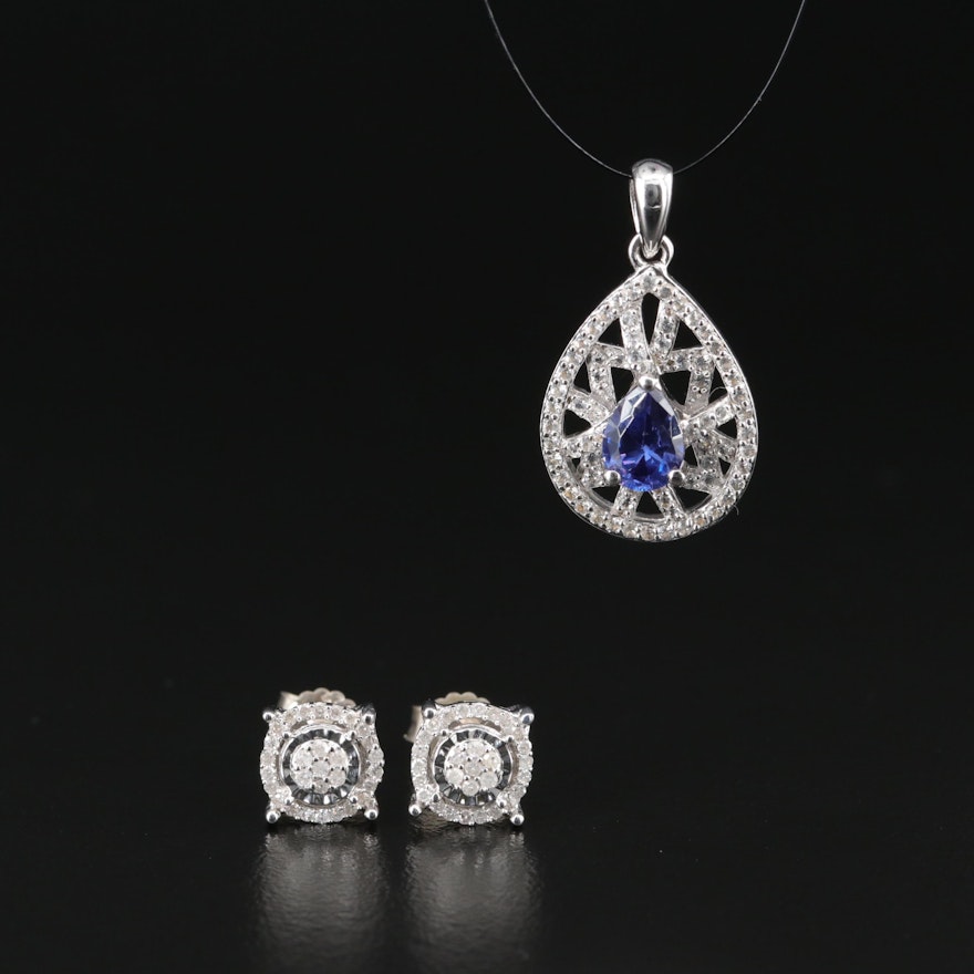 Diamond, Cubic Zirconia and White Topaz Sterling Silver Pendant and Earrings