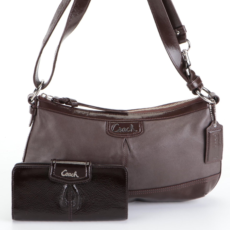 Coach Shoulder Bag and Wallet in Brown Smooth and Textured Patent Leather
