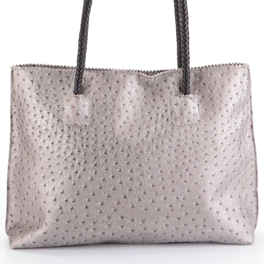 Tote Bag in Metallic Faux Ostrich with Zigzag Edge and Braided Handles