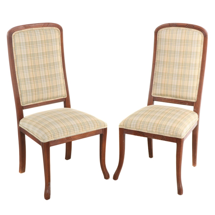 Pair of Italian Reeded Beech Dining Chairs in Woven Plaid Upholstery