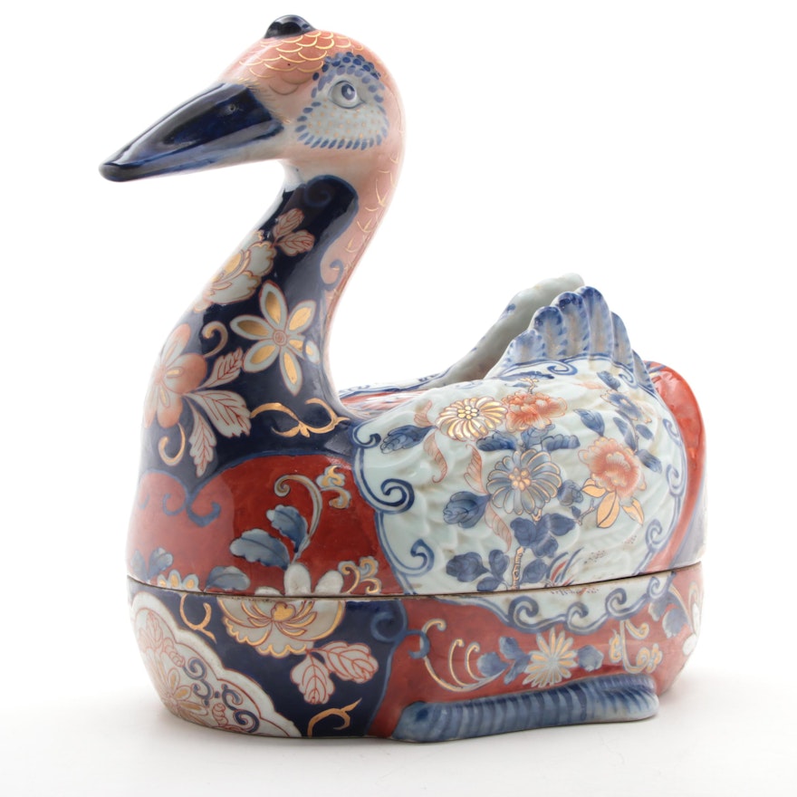 Hand-Painted Imari Style Ceramic Goose Tureen