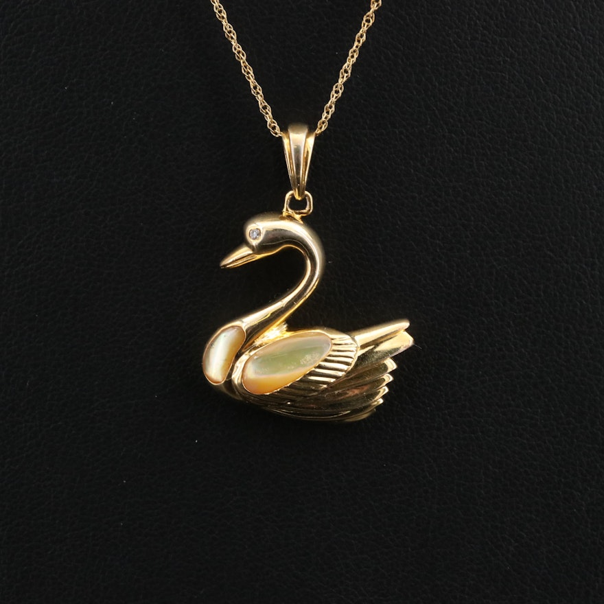Sterling Mother of Pearl Swan Pendant on Gold-Filled Chain Necklace