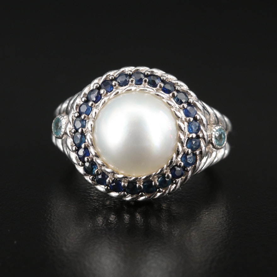 Judith Ripka Sterling Pearl, Sapphire and Topaz Ring with Rope Detailing