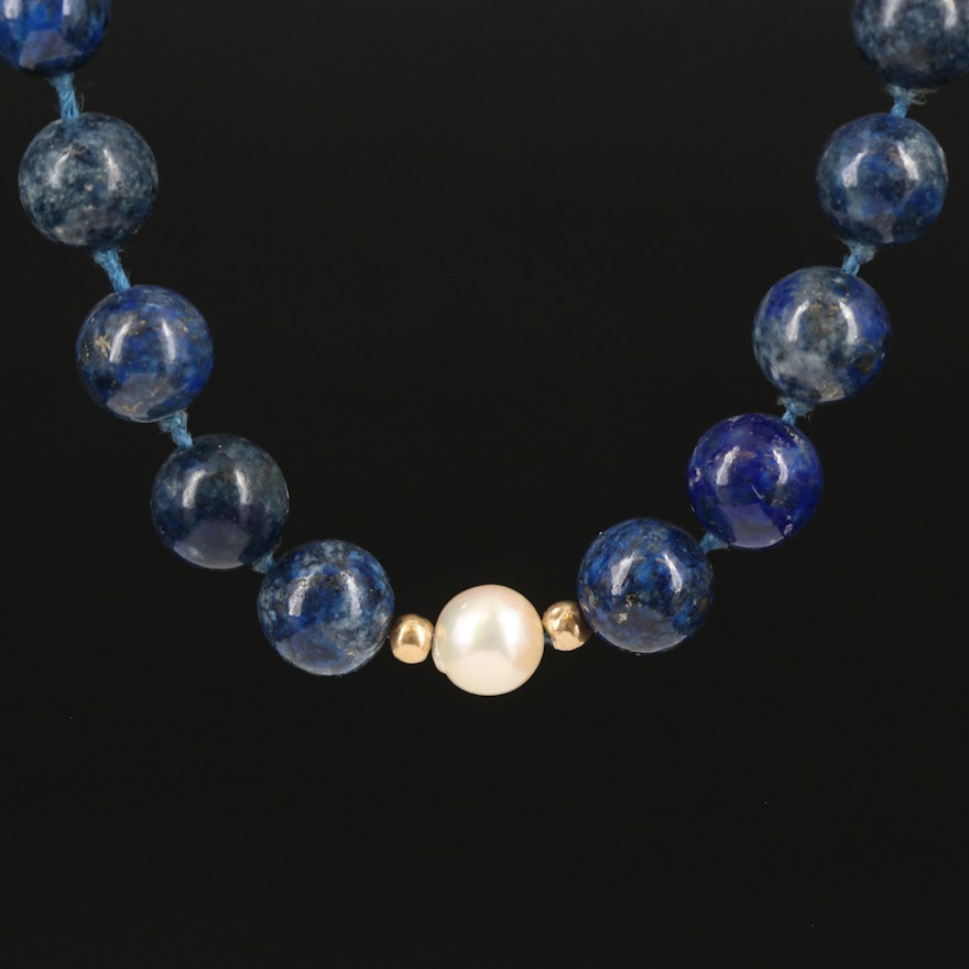 14K Gold Lapis Lazuli Endless Beaded Necklace with Pearl Accents