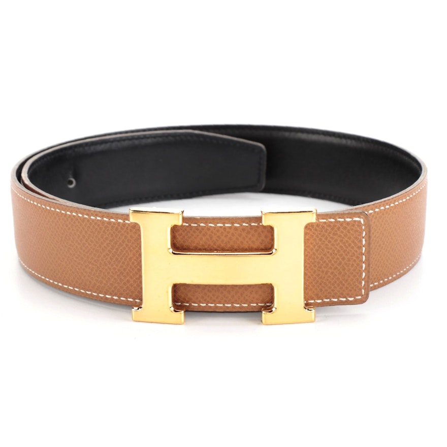 Hermès Constance Reversible Belt in Gold Courchevel and Black Box Calf Leather