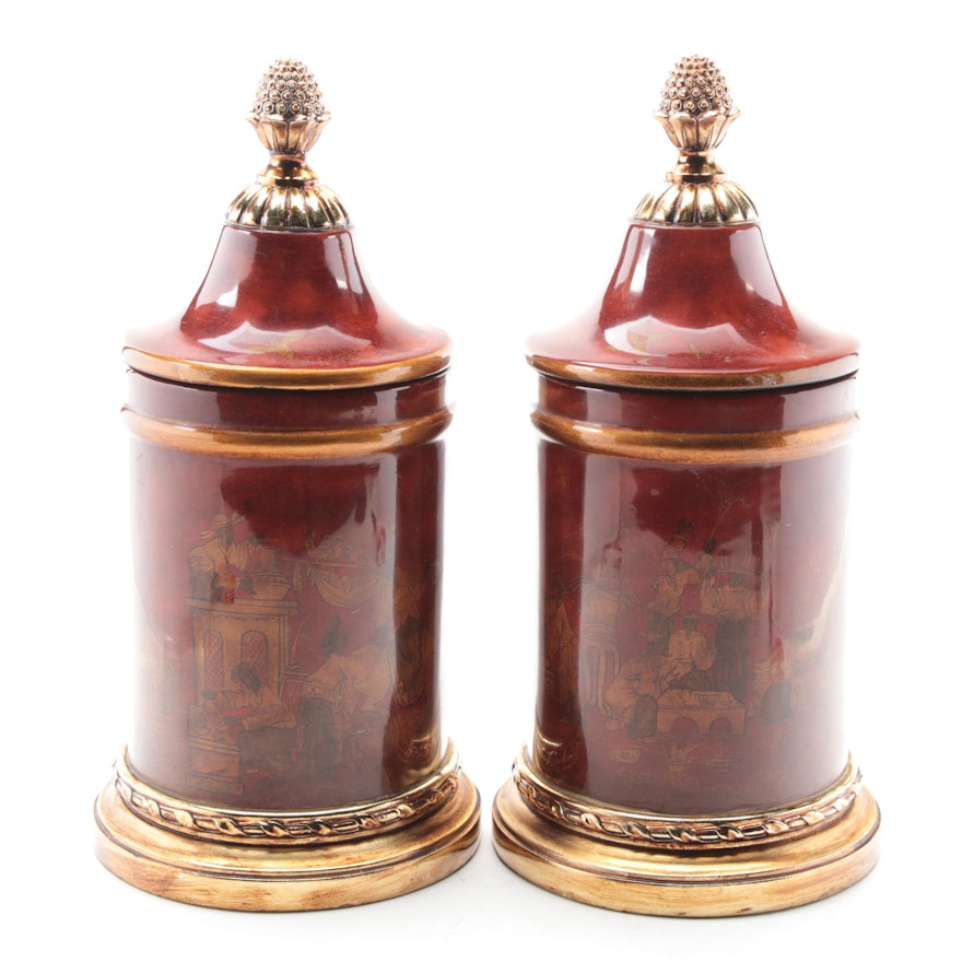 East Asian Burgundy and Gold Lidded Ceramic Jars