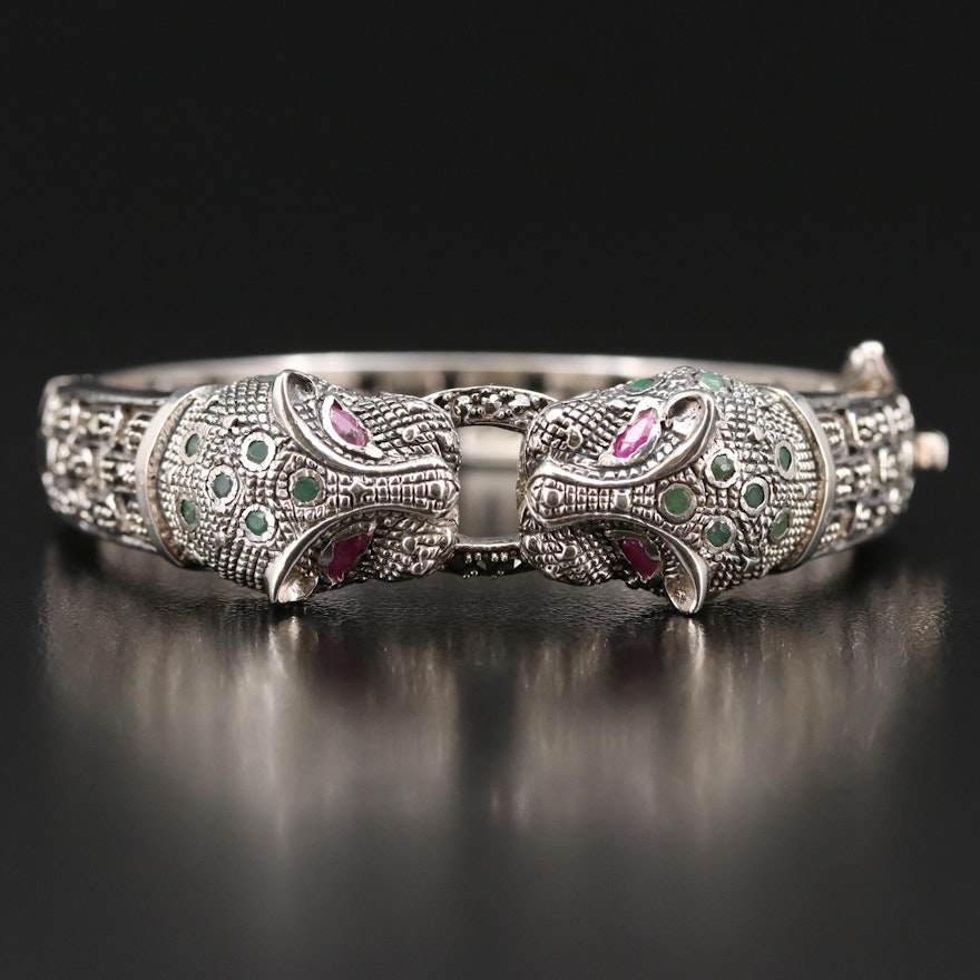 Sterling Silver Door Knocker Cats Bangle with Marcasite, Emerald and Ruby