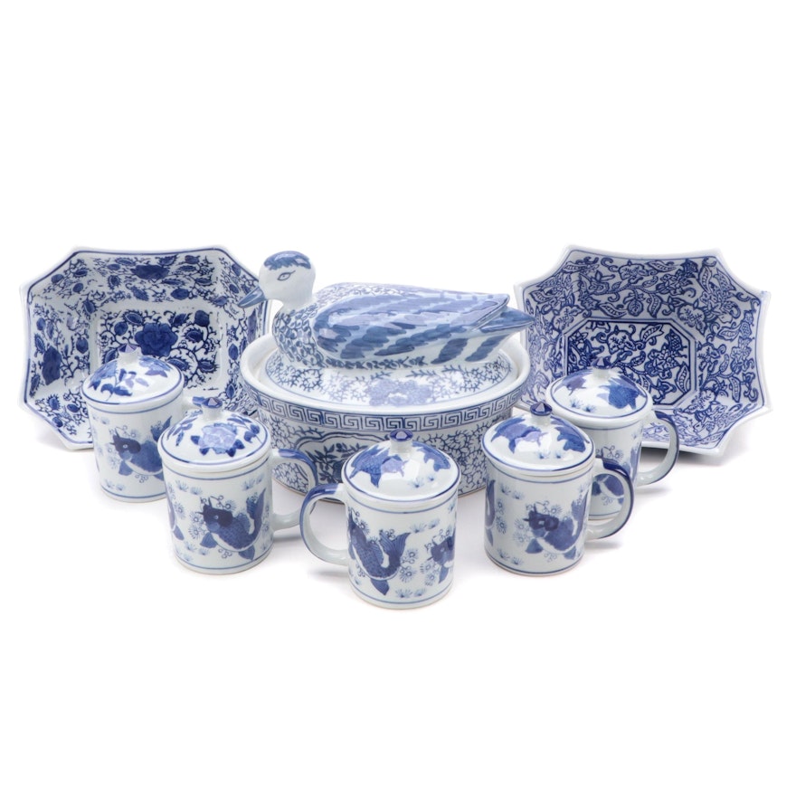 Chinese Blue and White Porcelain Duck Tureen, Covered Mugs and Serving Bowls