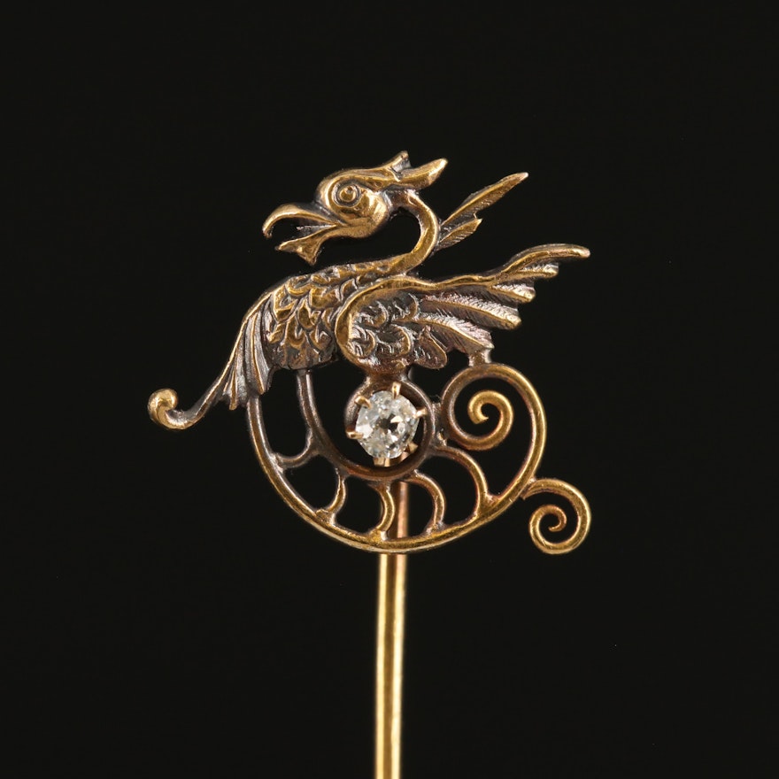 Art Nouveau 14K 0.03 CT Diamond Griffin Stick Pin