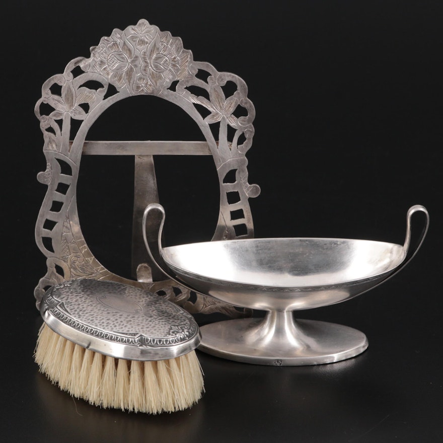 Sterling Silver Baby Brush with 900 Silver German Salt Cellar and Picture Frame