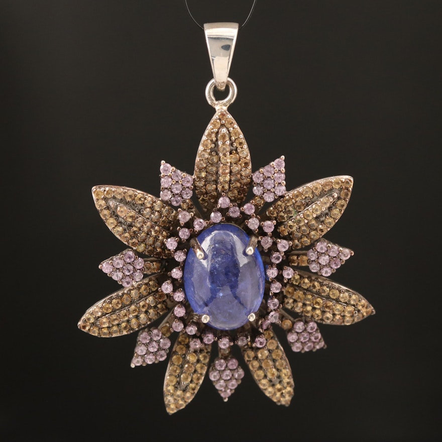 Sterling Tanzanite and Sapphire Floral Pendant