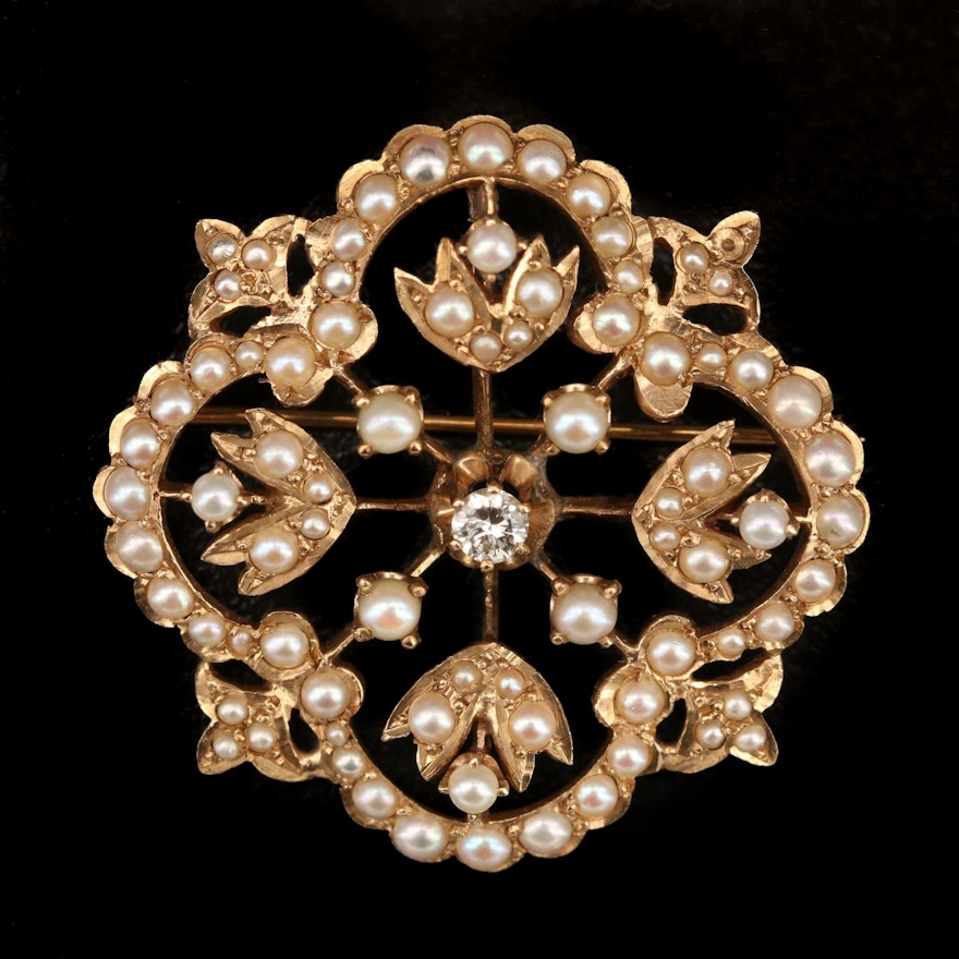 Vintage 14K Diamond and Pearl Converter Brooch