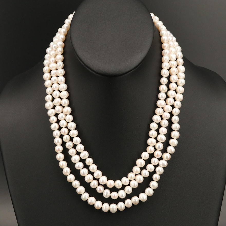 Graduated Triple Strand Pearl Necklace with Sterling Clasp