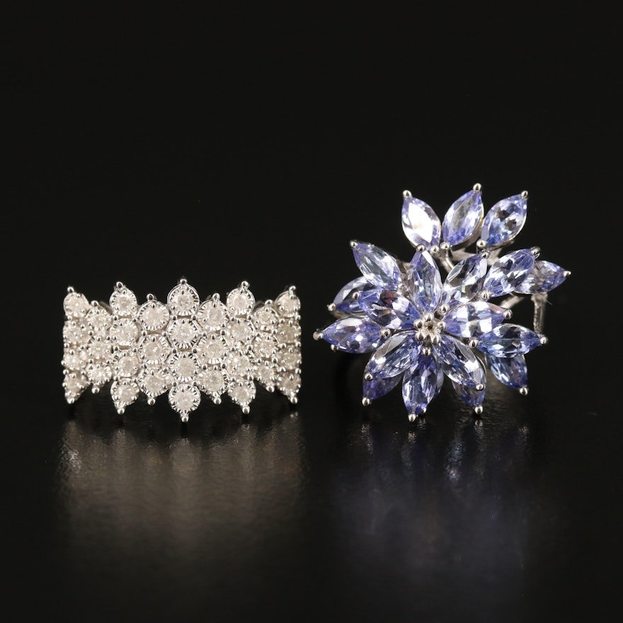 Sterling Cluster Rings Including Diamond and Tanzanite