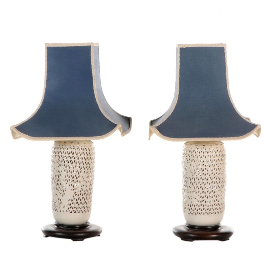 Pair of Chinese Blanc de Chine Pierced Lamps with Pagoda Shades, Mid-20th C