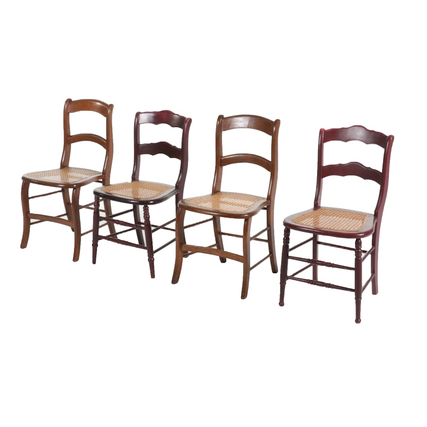 Four Wooden Side Chairs with Woven Seats, Early to Mid 20th Century