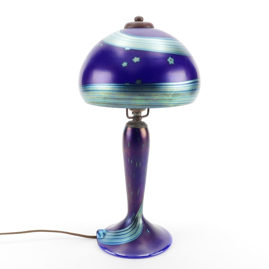 Lundberg Studios Blue Iridescent Night Sky Art Glass Table Lamp