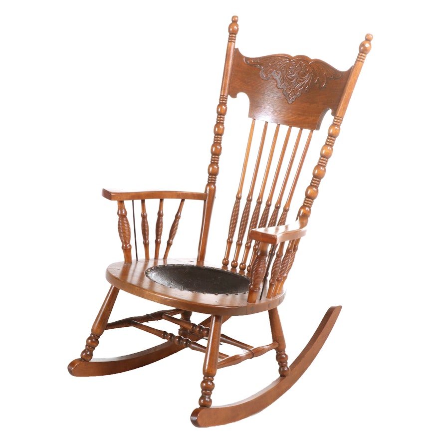 Late Victorian Oak Rocking Chair with Embossed Leather Seat