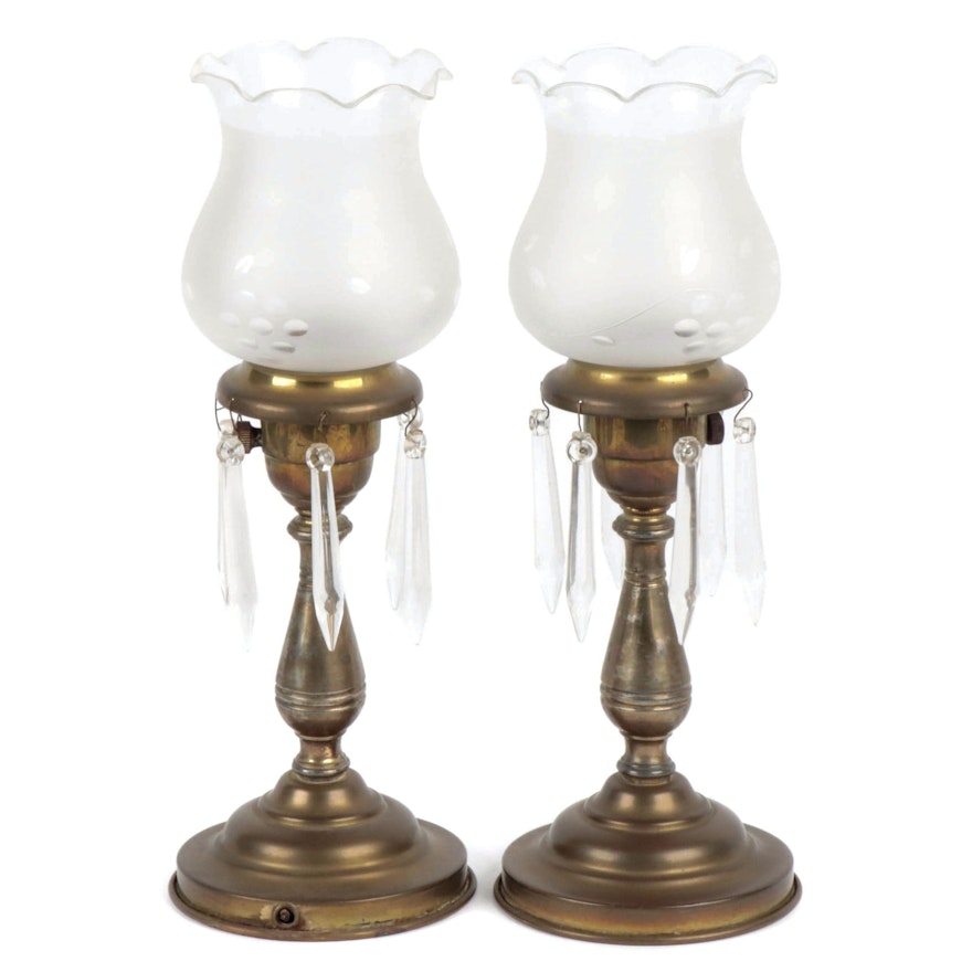 Brass Mantel Lamps with Frosted Shades and Prisms