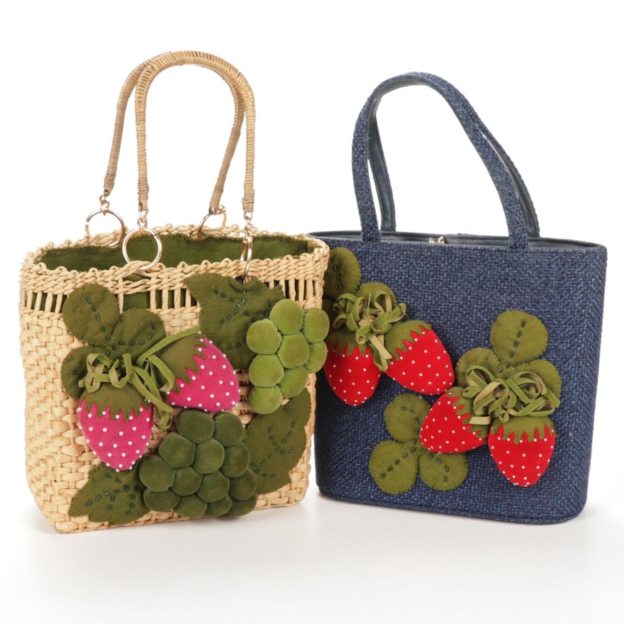 M. Ruth Gittler Handmade Strawberry and Grape Basket Woven Handbags