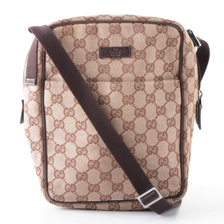 Gucci Crossbody Bag in Tan GG Canvas and Dark Brown Leather