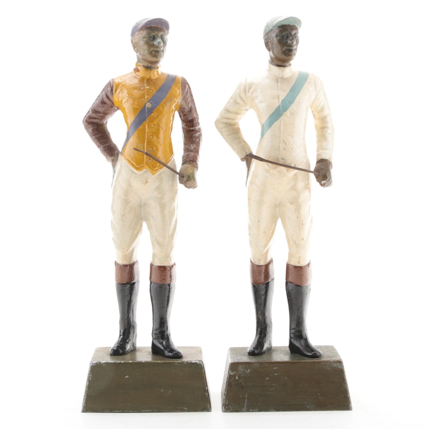Cold-Painted Cast Metal Jockey Figurines, Mid-20th Century