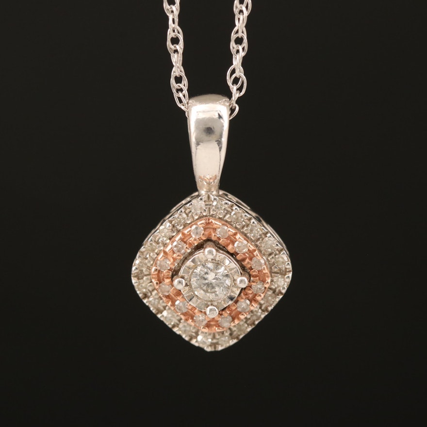 Sterling Diamond Double Halo Pendant Necklace with 10K Rose Gold Accent