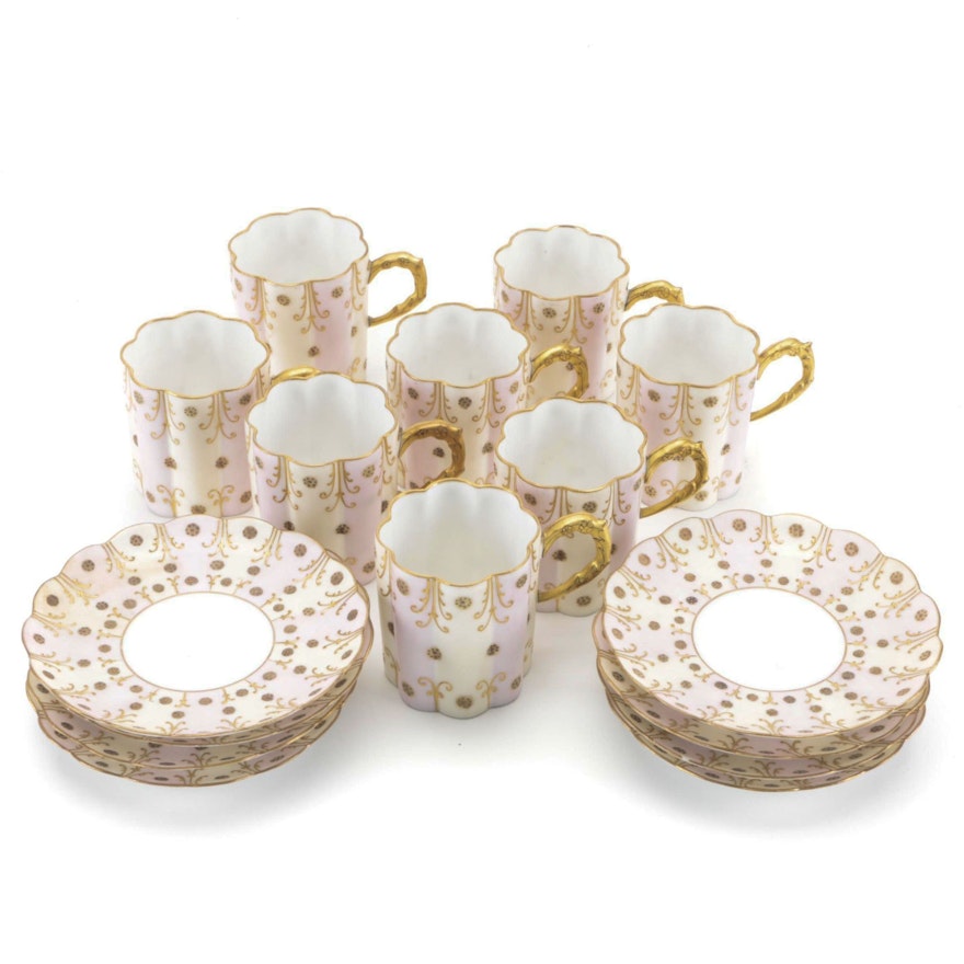 French Hand-Painted Porcelain Demitasse Teacups and Saucers, Early-Mid 20th C.