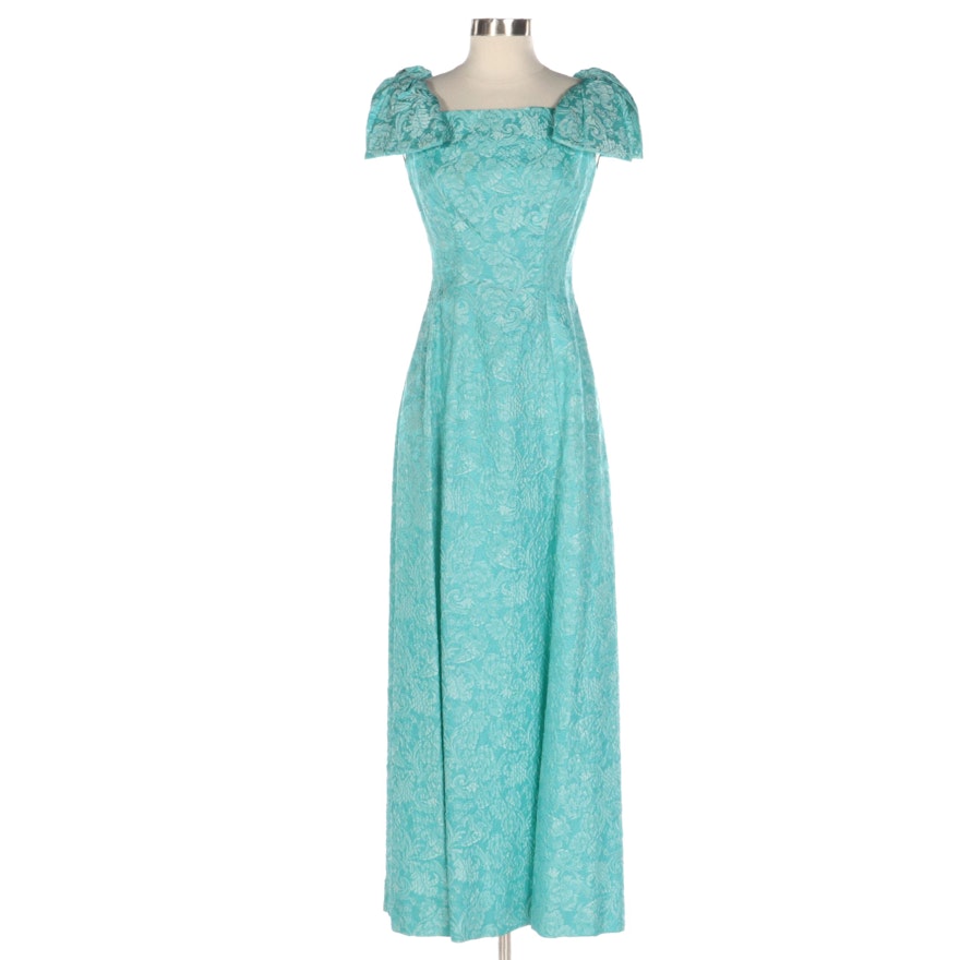 Rappi Long Brocade Gown with Bows at Shoulders