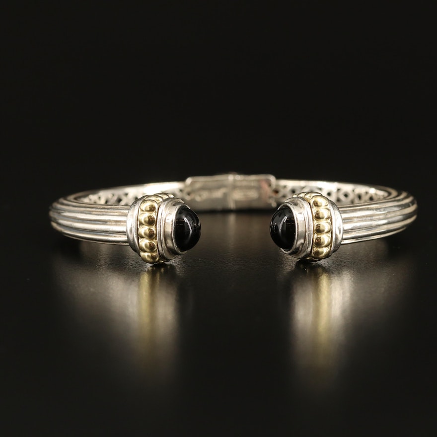 Lagos "Caviar" Sterling Black Onyx Hinged Cuff with 14K Accent