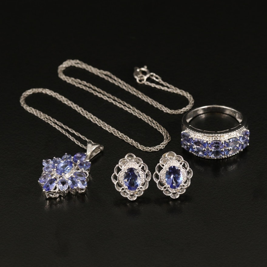 Sterling Tanzanite and Diamond Necklace, Ring and Earrings Set