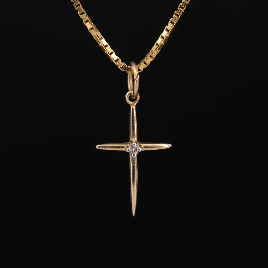 14K 0.01 CT Diamond Accented Cross Necklace