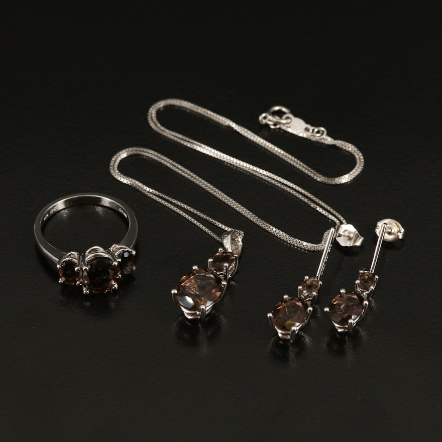 Sterling Smoky Quartz Necklace, Ring and Earrings Set