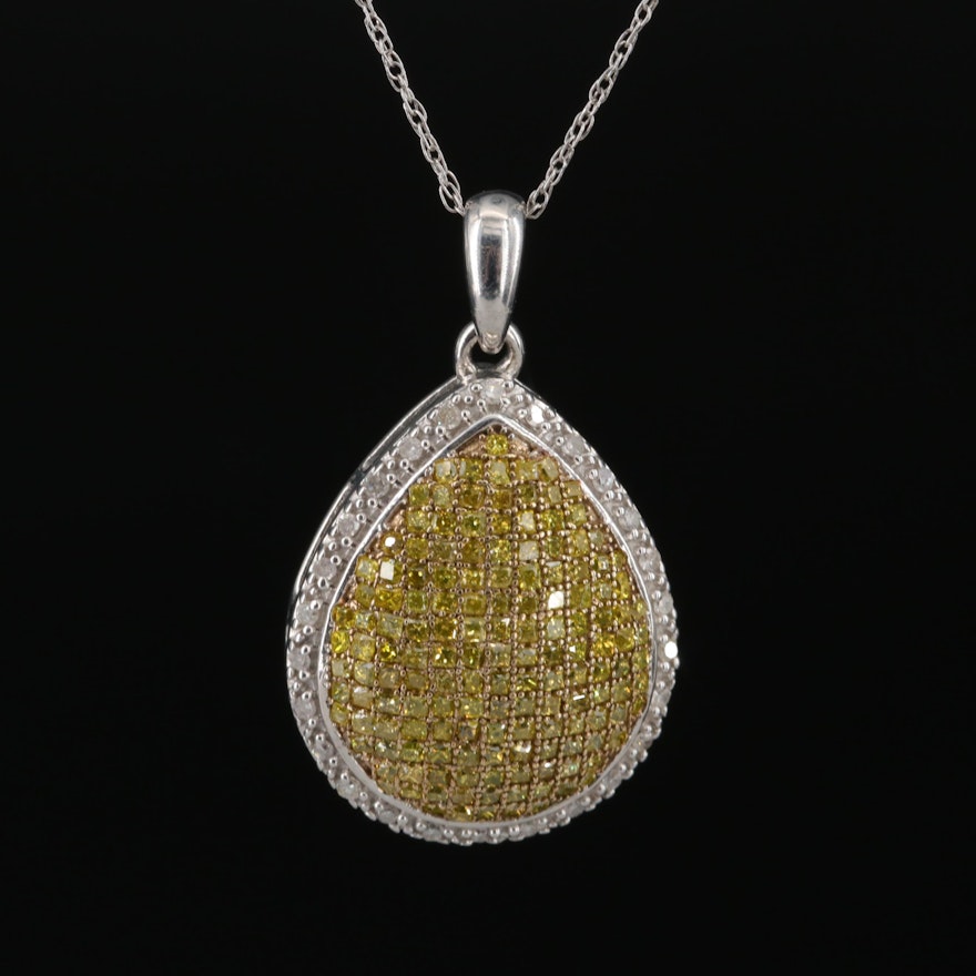 Sterling Pave' Diamond Drop Pendant Necklace