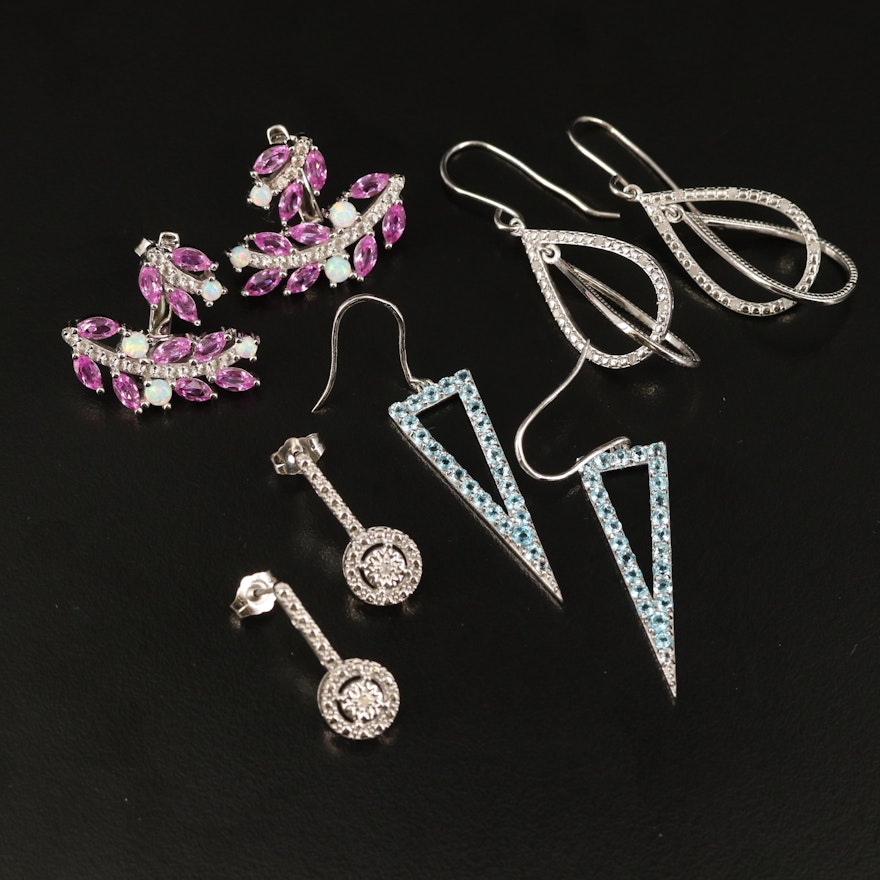 Sterling Diamond Drop Earrings with Sky Blue Topaz and Pink Sapphire