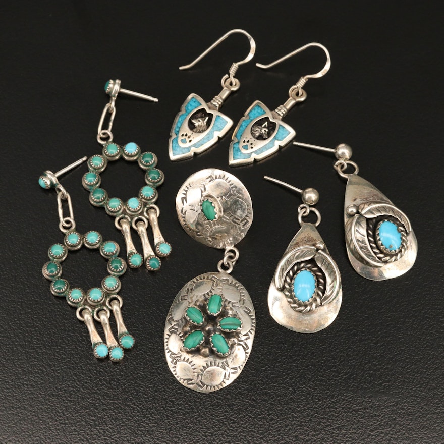 Sterling Drop Earrings with Malachite and Turuqoise