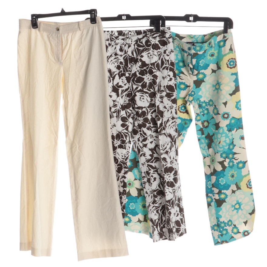 Worth Collection Floral and White Cotton and Cotton Blend Pants