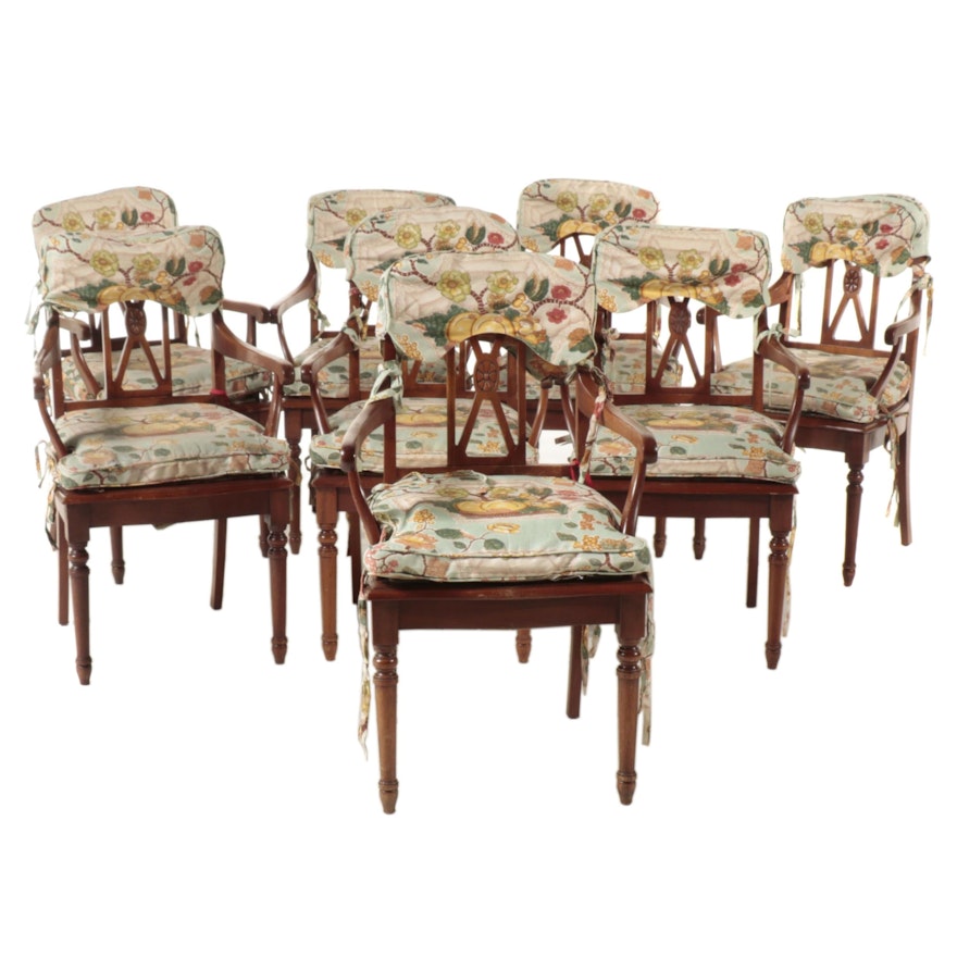 Eight Mike Bell Regency Style Mahogany Dining Chairs with Cushions
