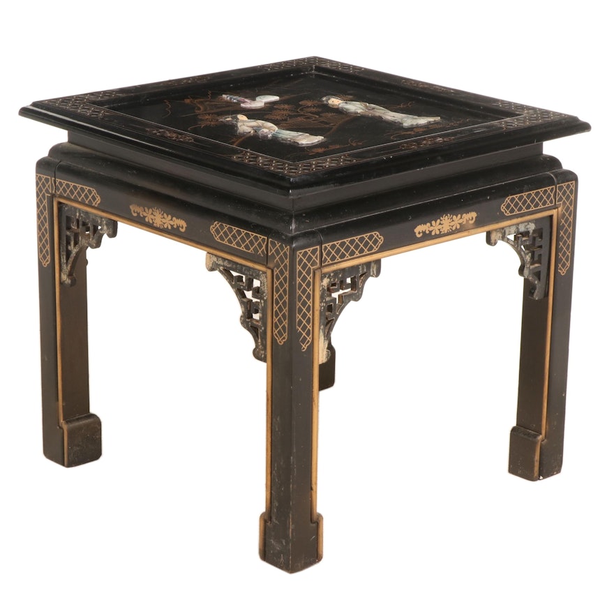 Chinese Lacquered End Table with Applied Figural Detail
