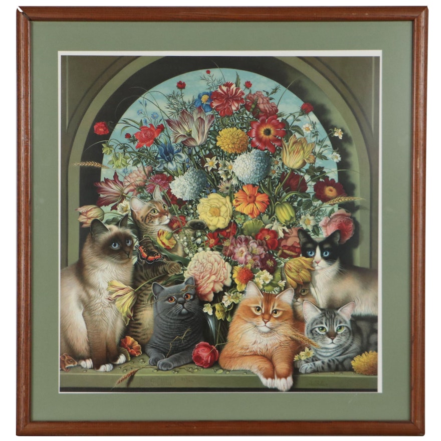 Braldt Bralds Offset Lithograph of Cats Posing With Still Life, Circa 2000