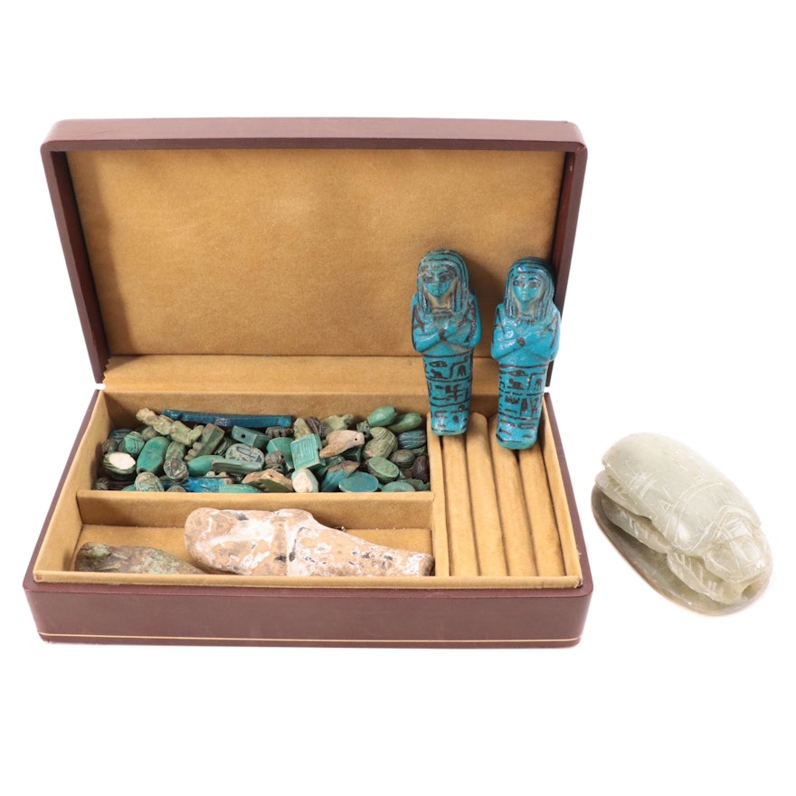 Egyptian Faience Ushabti Figurines and Beads with Carved Soapstone Scarab