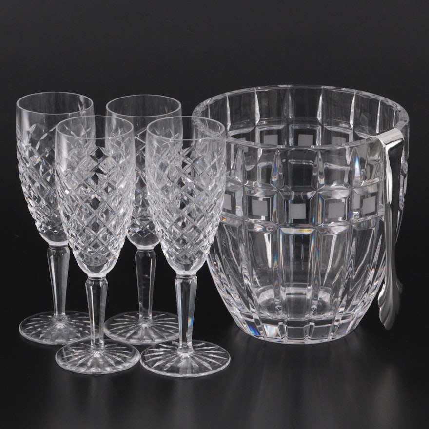 Waterford Crystal "Comeragh" Flutes and "Quadrata" Ice Bucket with Tongs