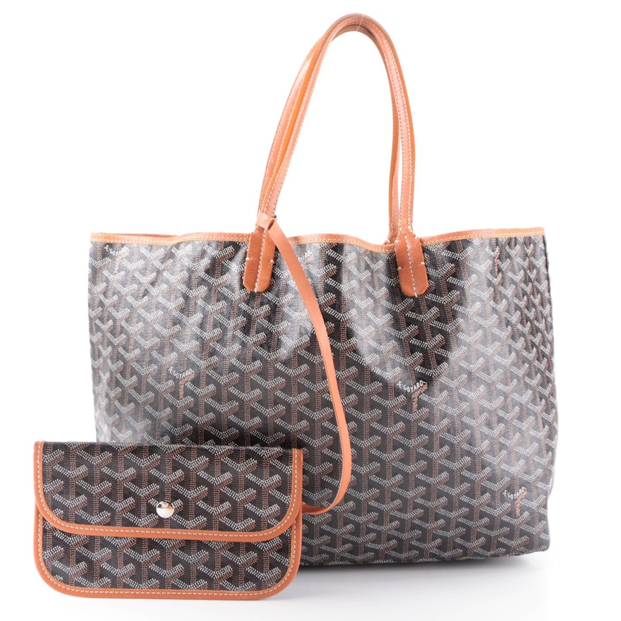 Goyard St. Louis Tote PM and Pouch in Black Goyardine Coated Canvas and Leather