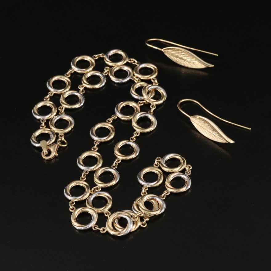 14K Fancy Link Necklace and Leaf Drop Earrings