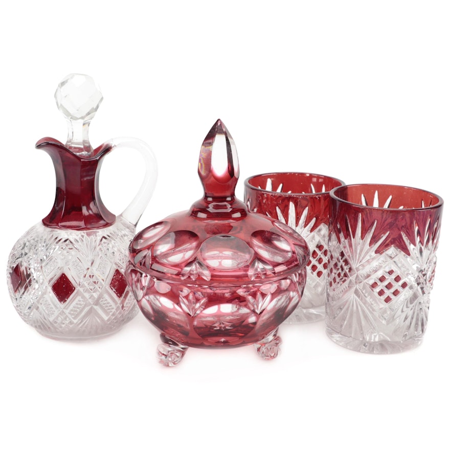 Cut Glass Decanter, Glasses and Candy Dish with Ruby Glass Accents