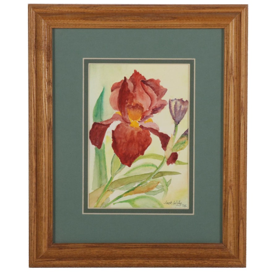 Jack Wily Still Life Watercolor Painting of Burgundy Iris Flower, 2004