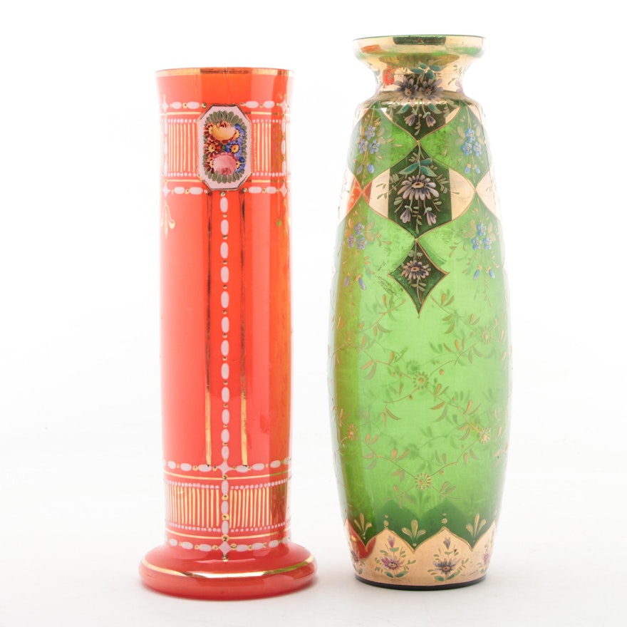 Bohemian Enameled and Painted Glass Vases